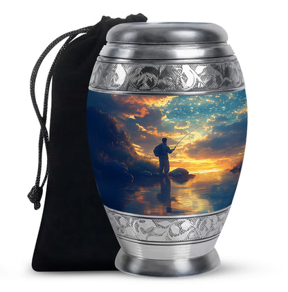 Sky Blue Fishing Cremation Urn back view with polished surface - ornate monarch-style fishing relief on brushed aluminum - full-size 10 inch 200 cubic inch adult cremation urn