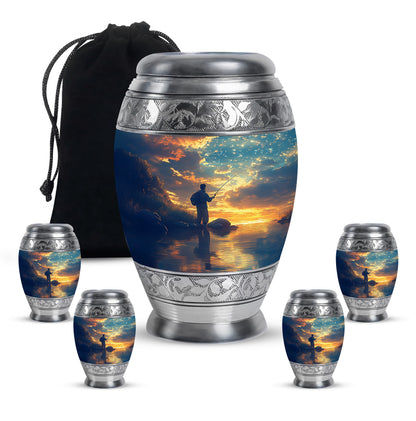 Sky Blue Fishing Cremation Urn detail view - regal fishing design with crown-inspired accents - memorial set with one large and four small urns