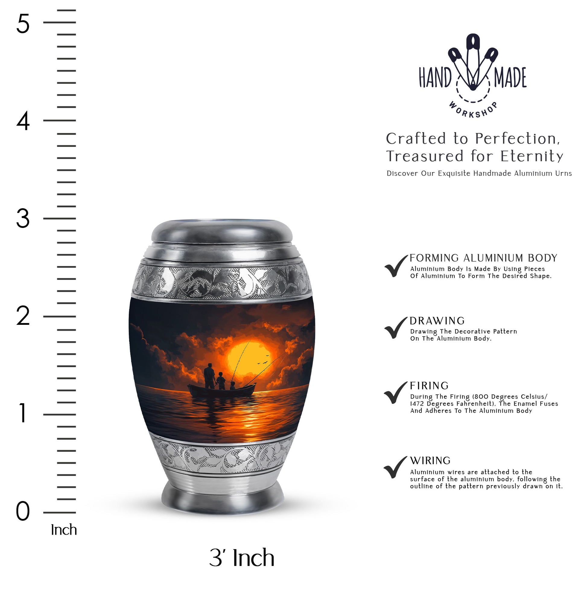 Royal Blue Fishing Cremation Urn lifestyle display on memorial shelf - majestic fishing pattern with filigree border - mini keepsake memorial for portion of cremation ashes