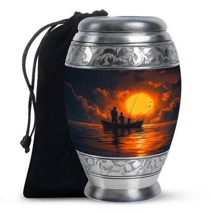 Steel Blue Fishing Cremation Urn back view with polished surface - royal fishing engraving with decorative scrollwork - full-size 10 inch 200 cubic inch adult cremation urn