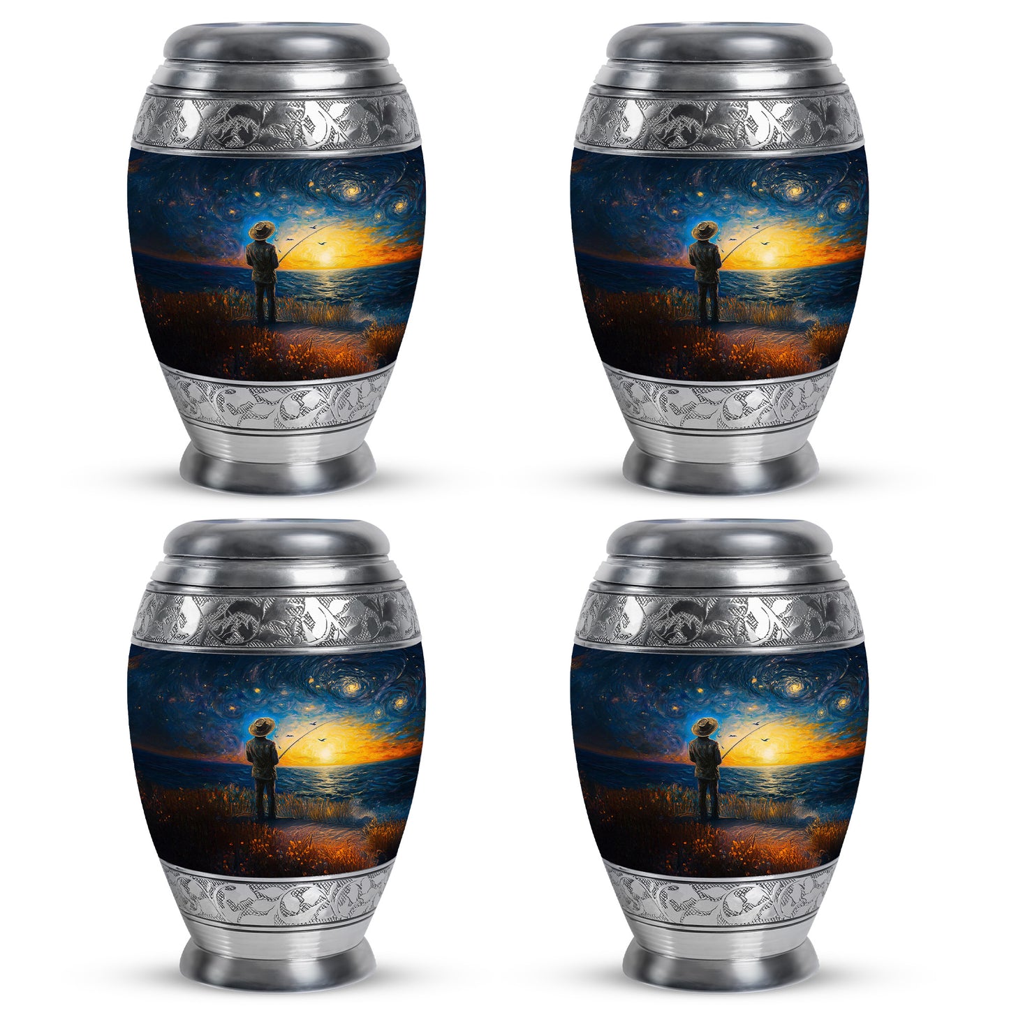 Pastel Blue Fishing Cremation Urn urn with complimentary velvet bag - regal fishing design with crown-inspired accents - 10 inch aluminum urn for cremated remains