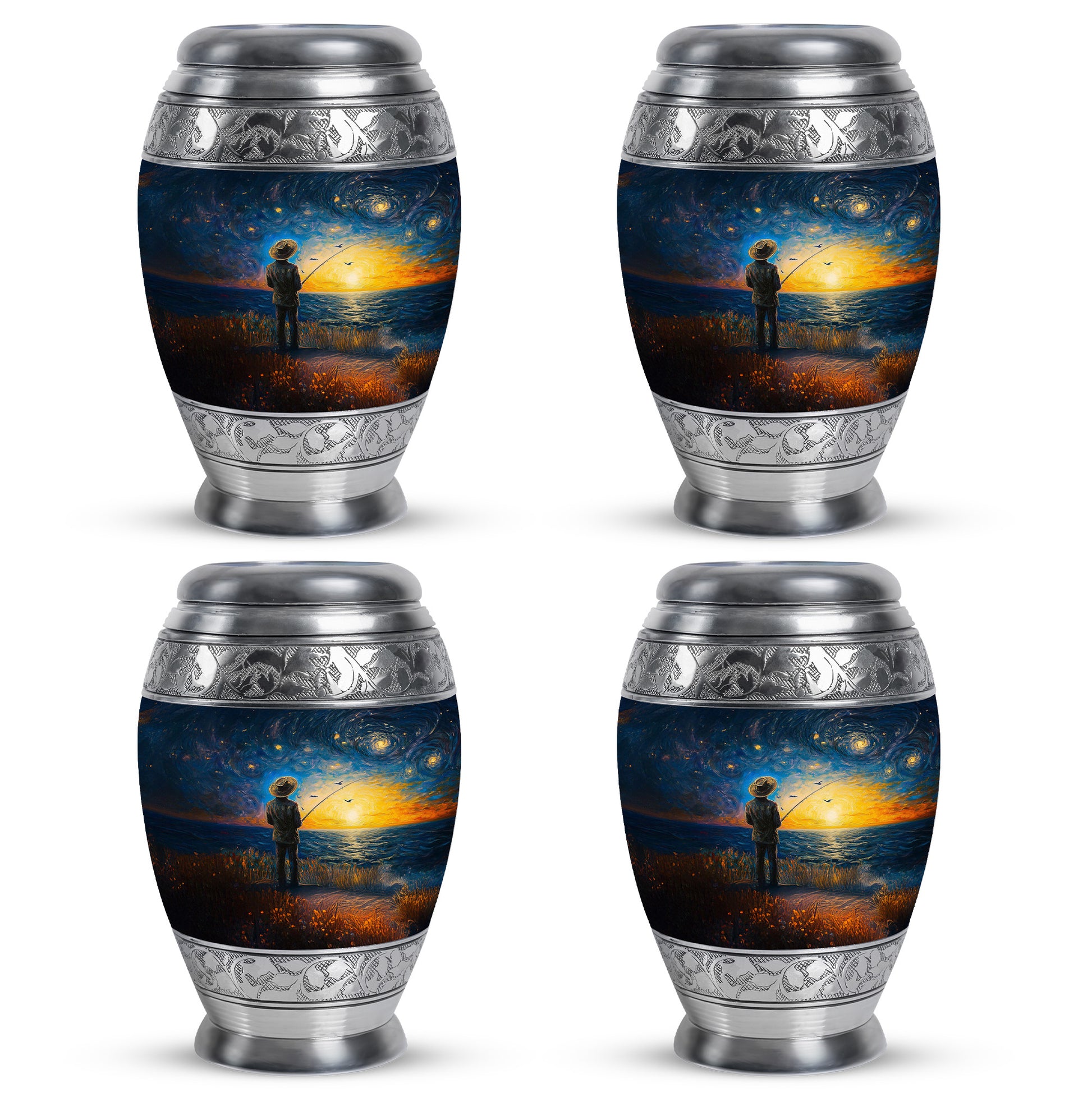 Pastel Blue Fishing Cremation Urn urn with complimentary velvet bag - regal fishing design with crown-inspired accents - 10 inch aluminum urn for cremated remains