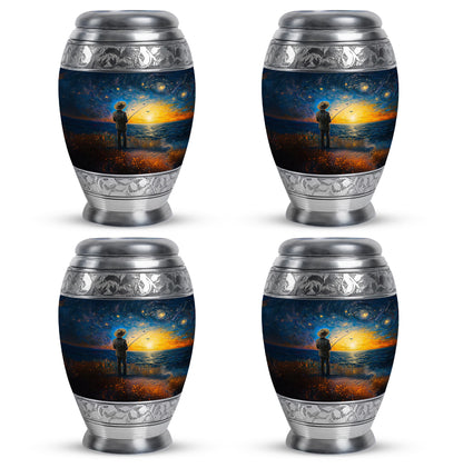 Pastel Blue Fishing Cremation Urn urn with complimentary velvet bag - regal fishing design with crown-inspired accents - 10 inch aluminum urn for cremated remains