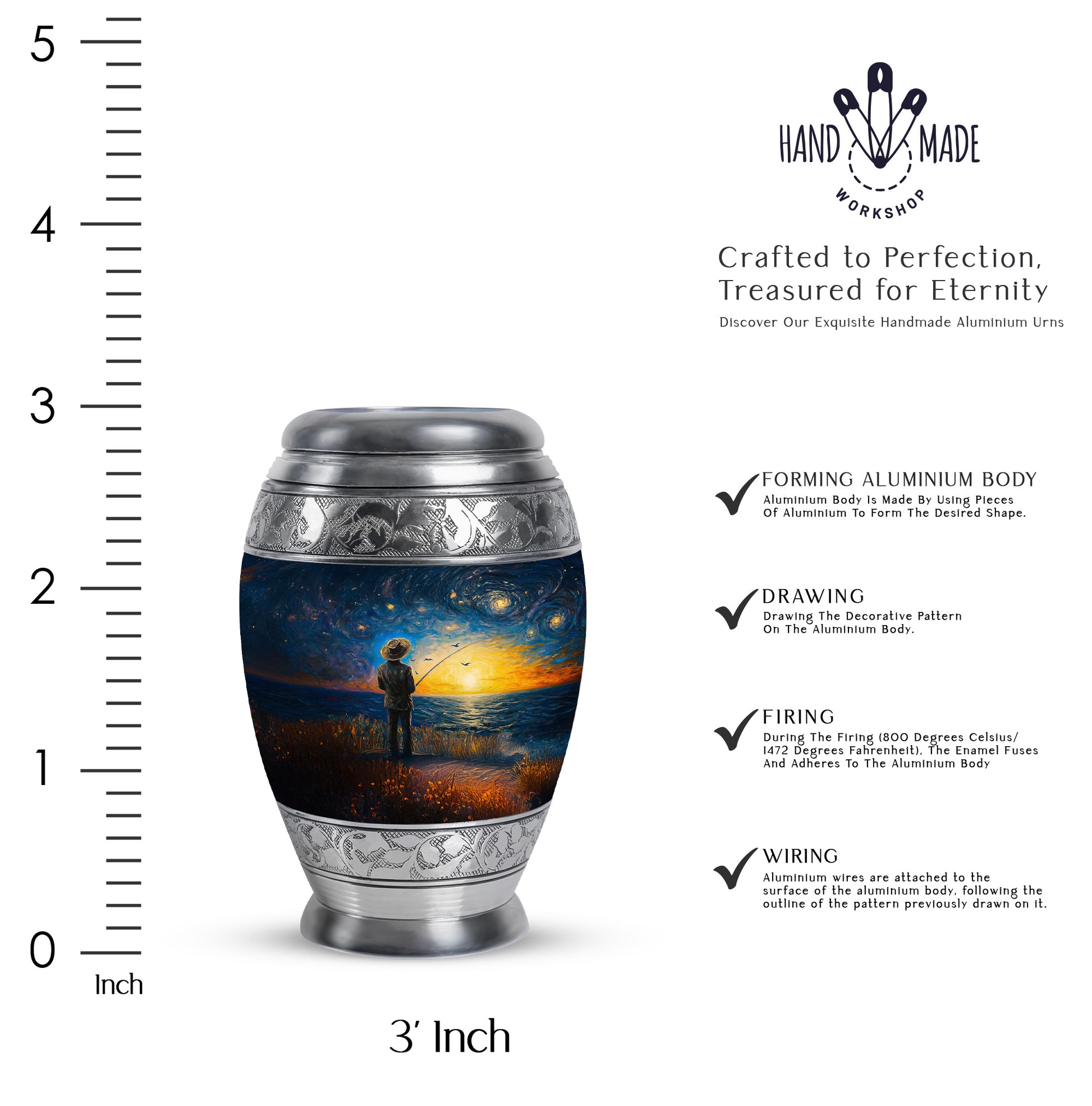 Vivid Blue Fishing Cremation Urn lifestyle display on memorial shelf - majestic fishing pattern with filigree border - mini keepsake memorial for portion of cremation ashes