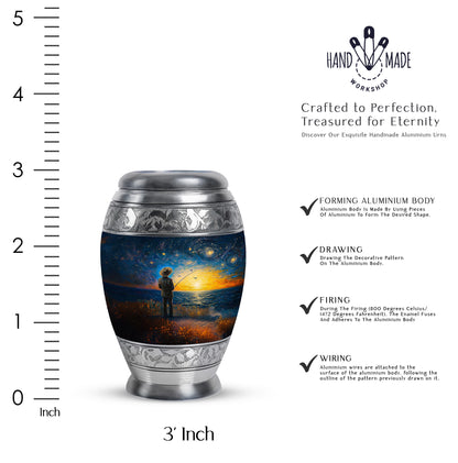 Vivid Blue Fishing Cremation Urn lifestyle display on memorial shelf - majestic fishing pattern with filigree border - mini keepsake memorial for portion of cremation ashes
