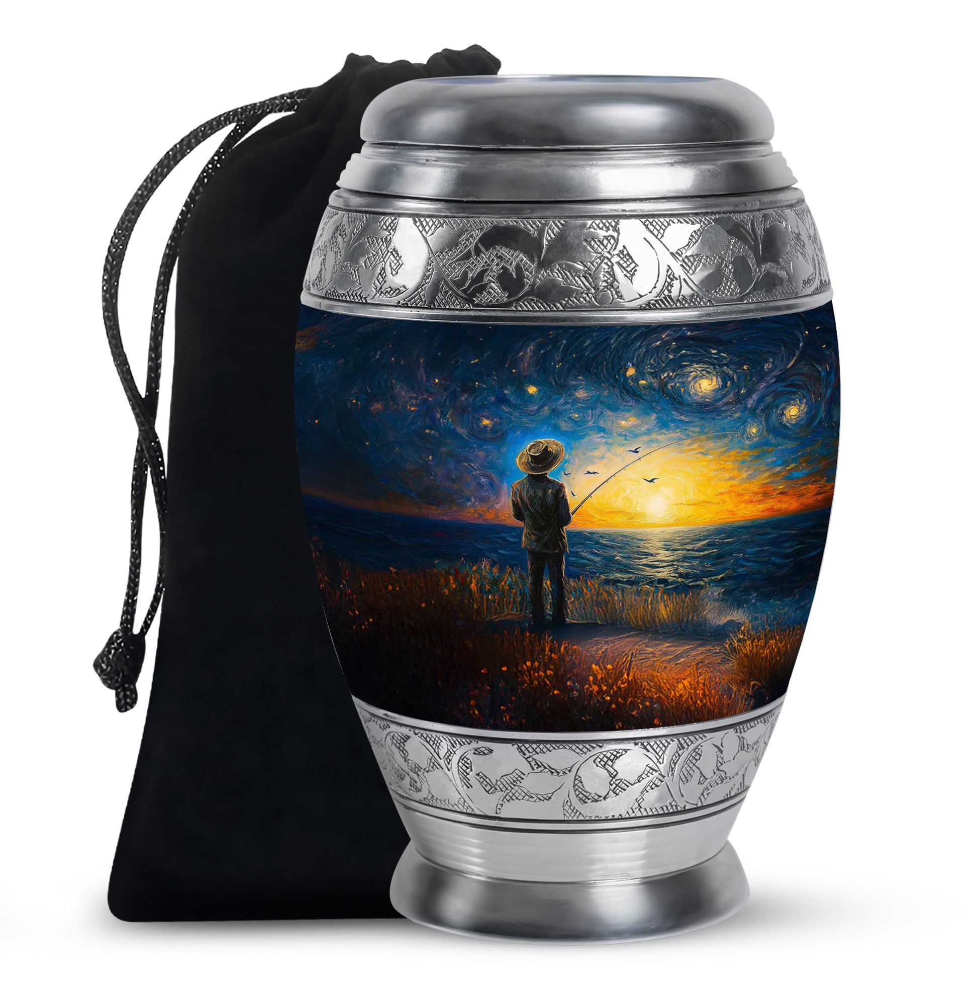 Powder Blue Fishing Cremation Urn back view with polished surface - regal fishing design with crown-inspired accents - full-size 10 inch 200 cubic inch adult cremation urn