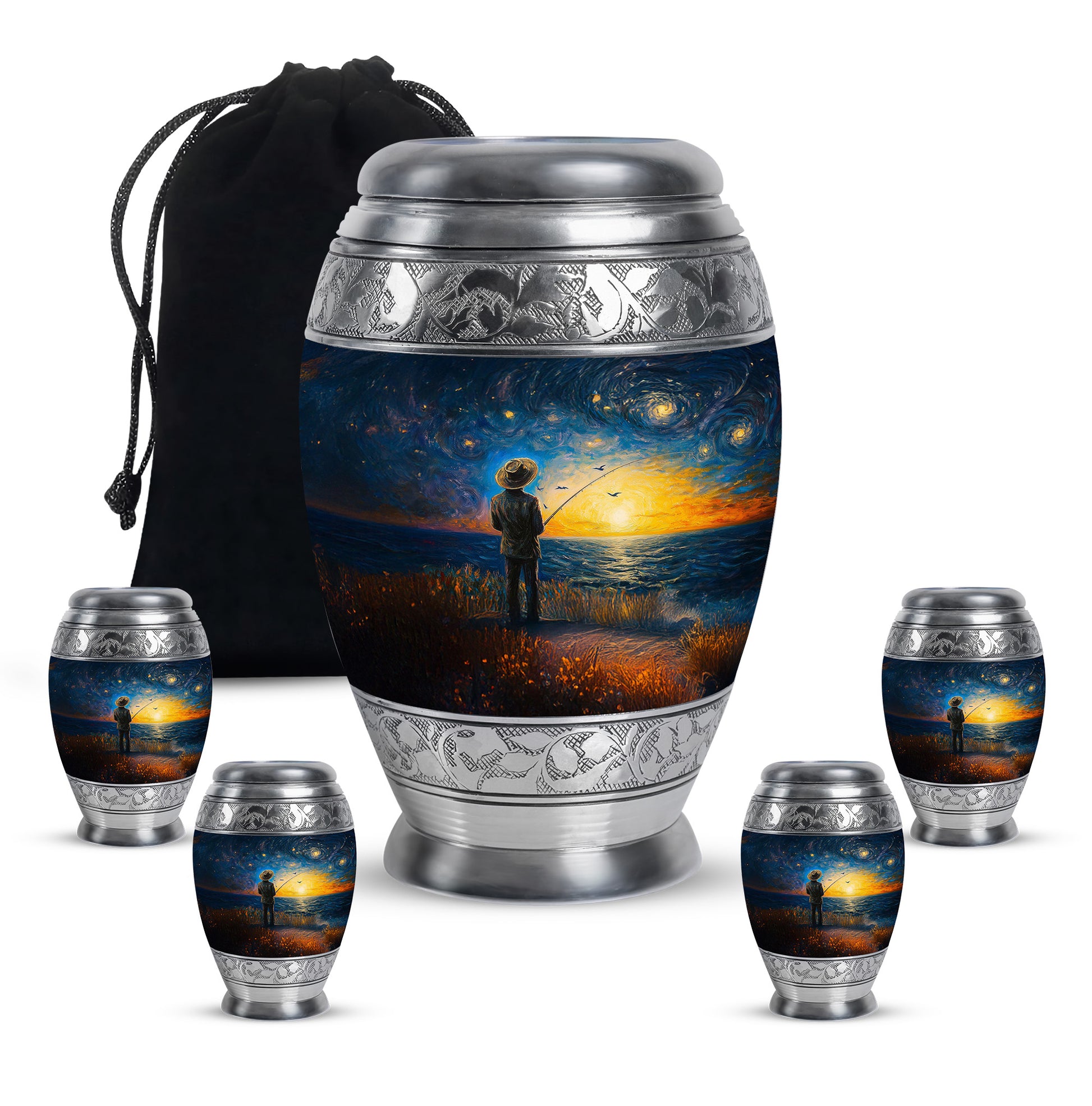 Steel Blue Fishing Cremation Urn detail view - royal fishing engraving with decorative scrollwork - memorial set with one large and four small urns