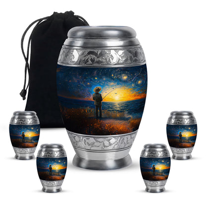 Steel Blue Fishing Cremation Urn detail view - royal fishing engraving with decorative scrollwork - memorial set with one large and four small urns