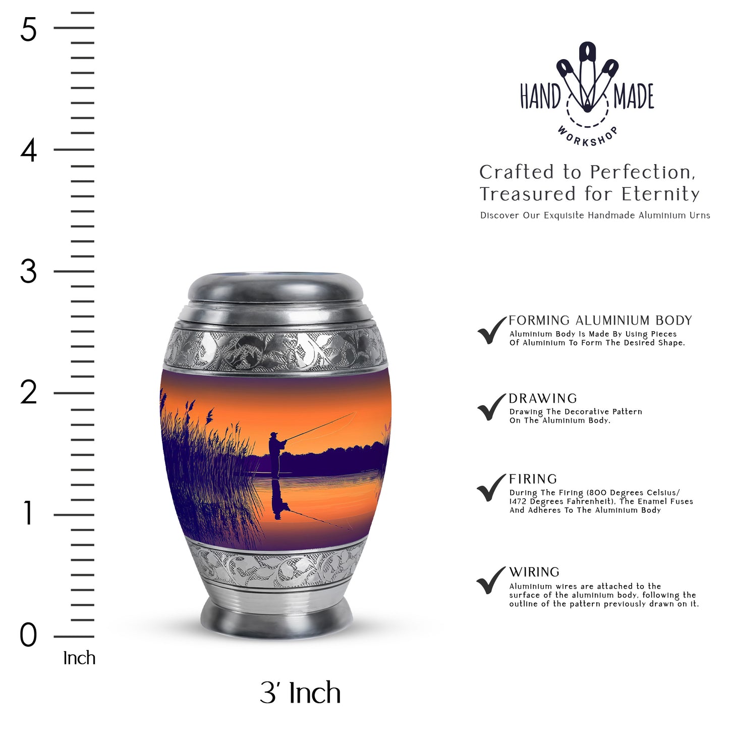 Gilded Gold Fishing Cremation Urn lifestyle display on memorial shelf - regal fishing design with crown-inspired accents - mini keepsake memorial for portion of cremation ashes