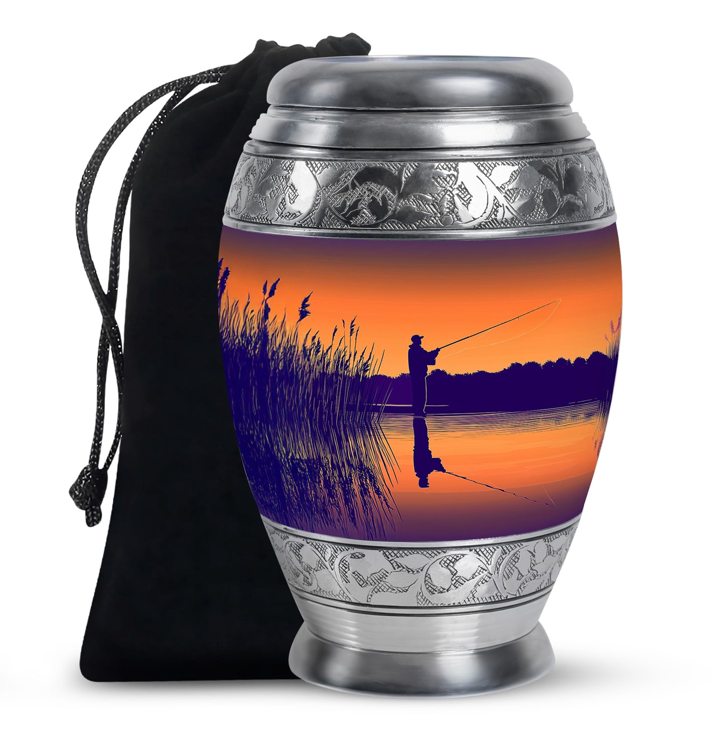 Champagne Gold Fishing Cremation Urn back view with polished surface - ornate monarch-style fishing relief on brushed aluminum - full-size 10 inch 200 cubic inch adult cremation urn