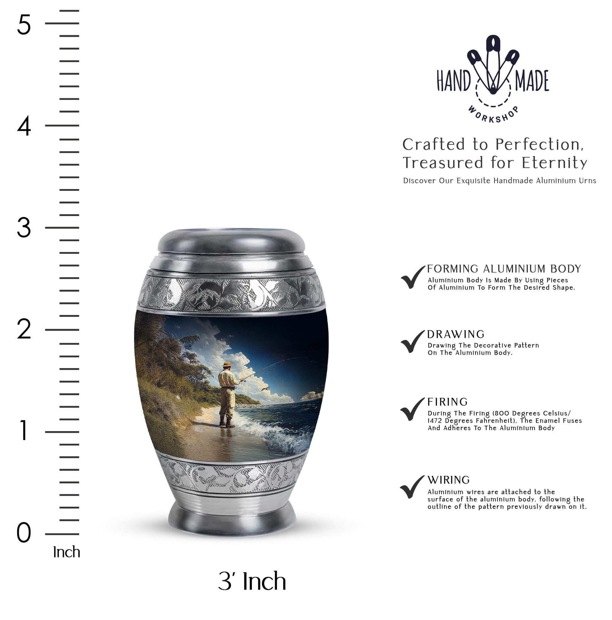 Cornflower Blue Fishing Cremation Urn lifestyle display on memorial shelf - royal fishing engraving with decorative scrollwork - mini keepsake memorial for portion of cremation ashes