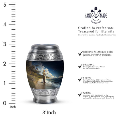 Cornflower Blue Fishing Cremation Urn lifestyle display on memorial shelf - royal fishing engraving with decorative scrollwork - mini keepsake memorial for portion of cremation ashes