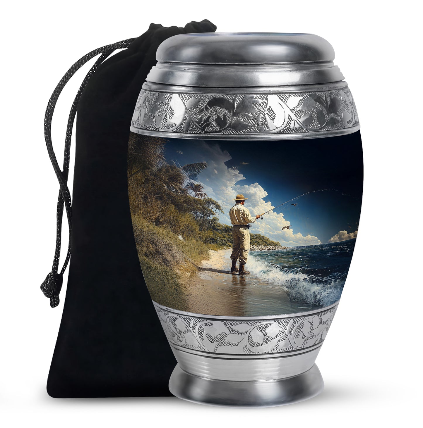 Misty Blue Fishing Cremation Urn back view with polished surface - ornate monarch-style fishing relief on brushed aluminum - full-size 10 inch 200 cubic inch adult cremation urn