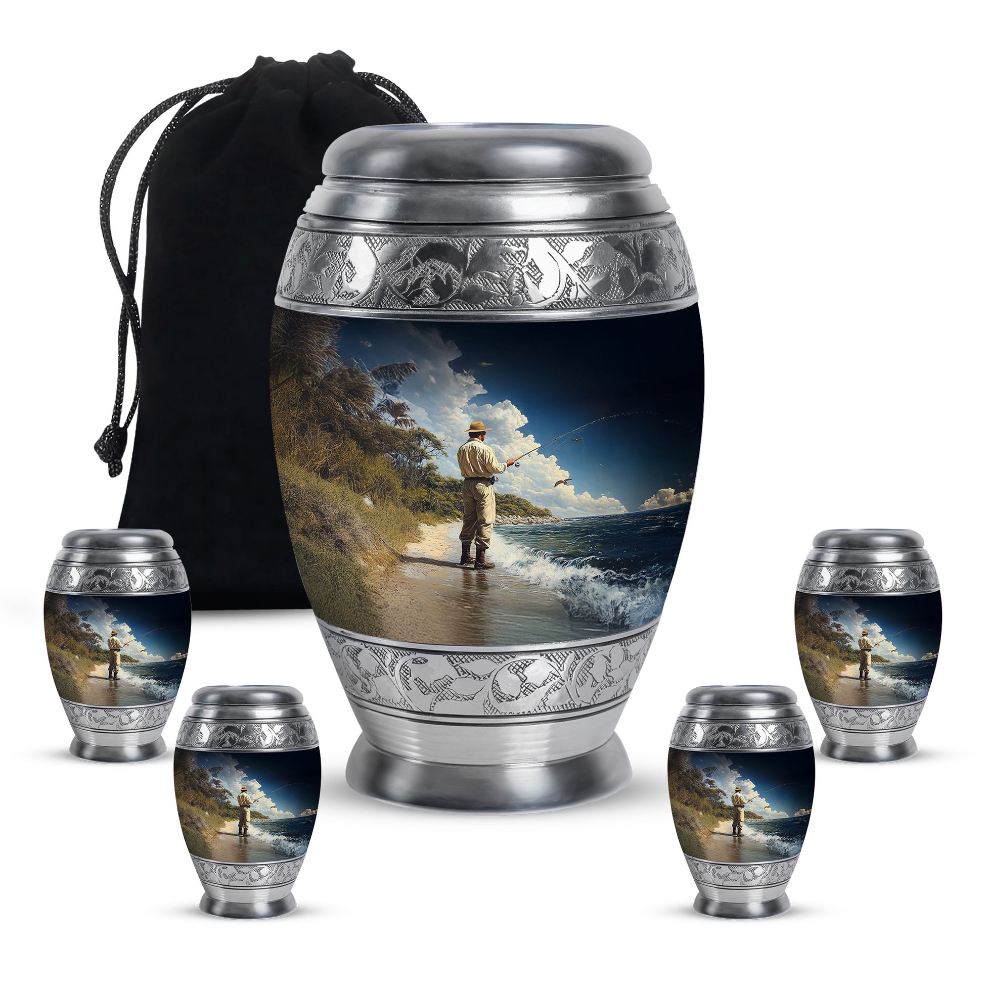 Twilight Blue Fishing Cremation Urn detail view - royal fishing engraving with decorative scrollwork - memorial set with one large and four small urns