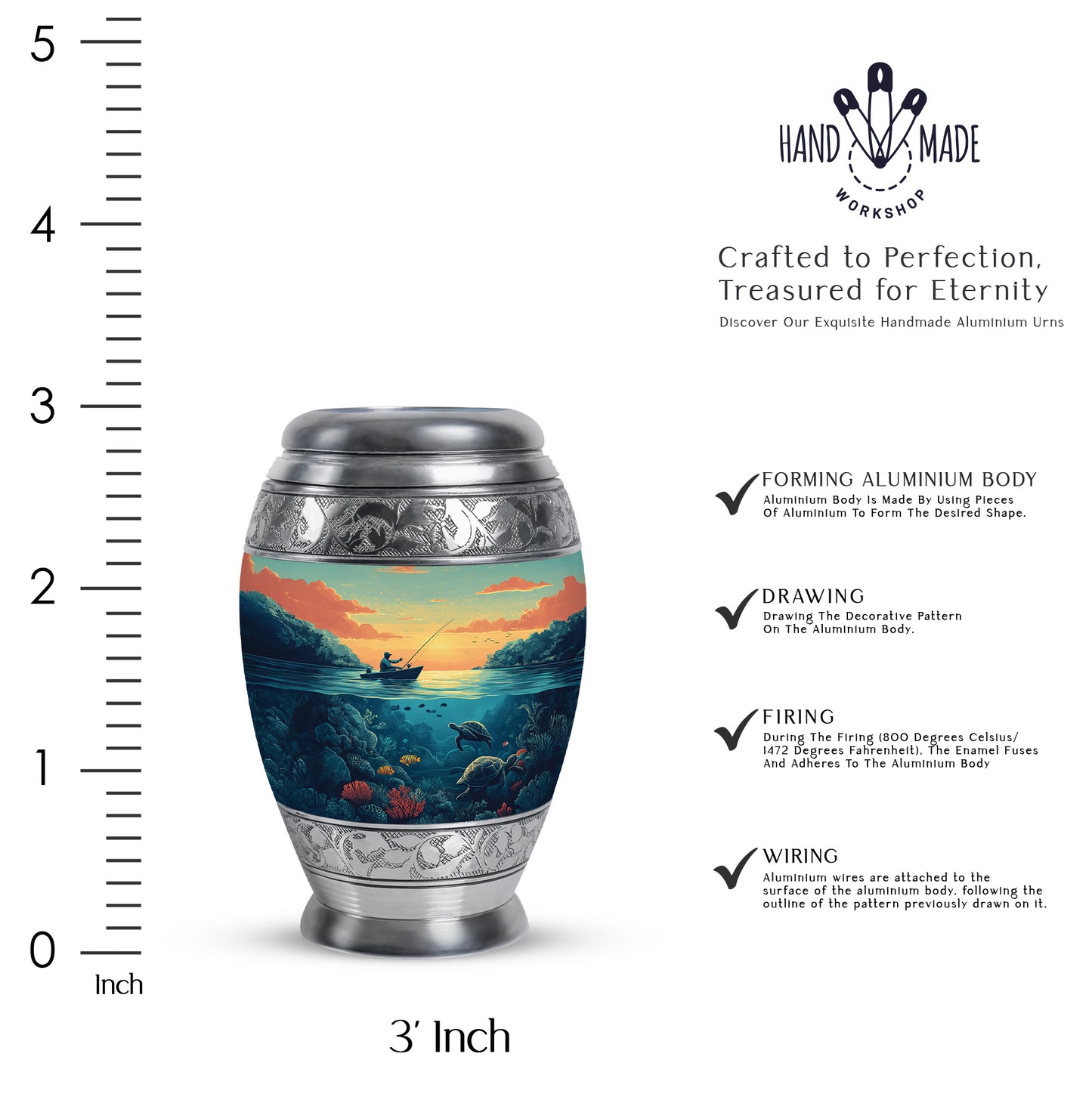Verdant Green Fishing Cremation Urn lifestyle display on memorial shelf - regal fishing design with crown-inspired accents - mini keepsake memorial for portion of cremation ashes