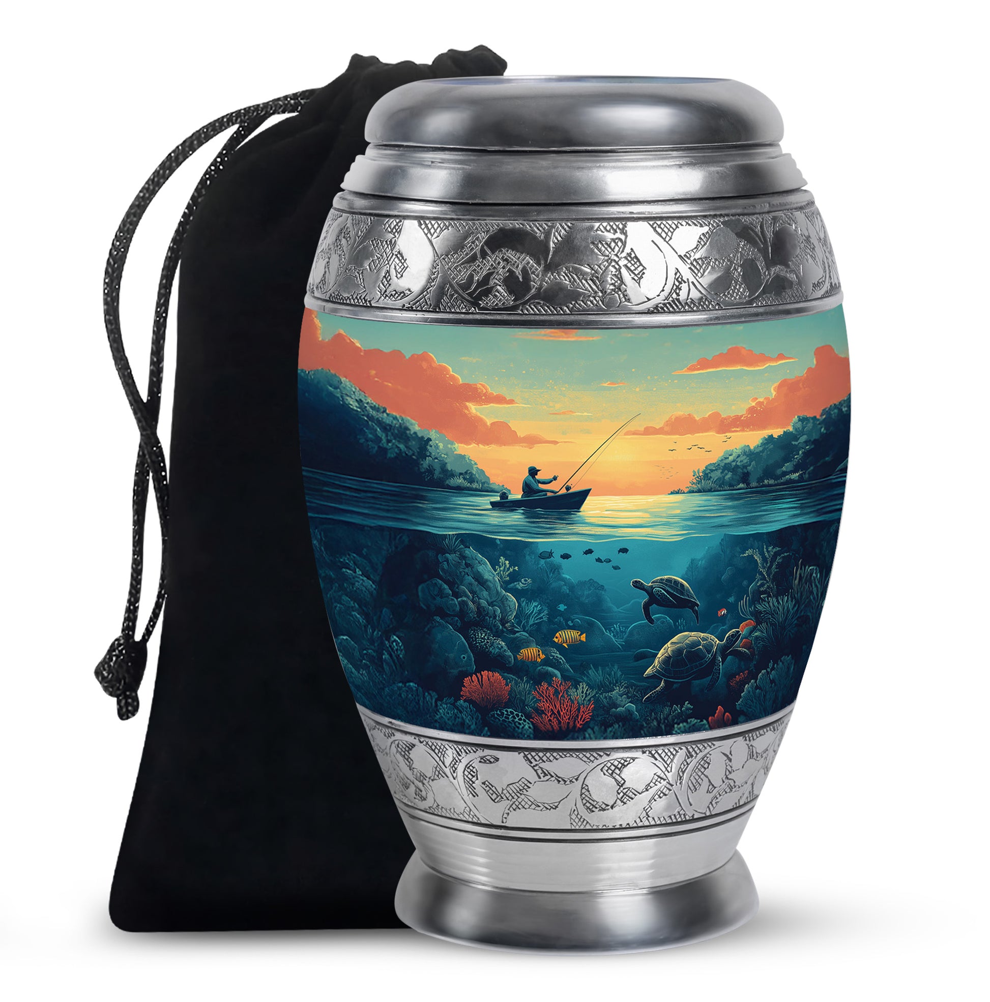 Jade Green Fishing Cremation Urn back view with polished surface - ornate monarch-style fishing relief on brushed aluminum - full-size 10 inch 200 cubic inch adult cremation urn
