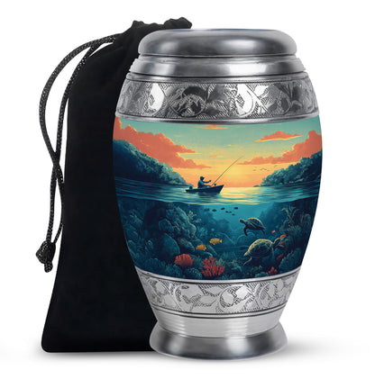 Jade Green Fishing Cremation Urn back view with polished surface - ornate monarch-style fishing relief on brushed aluminum - full-size 10 inch 200 cubic inch adult cremation urn