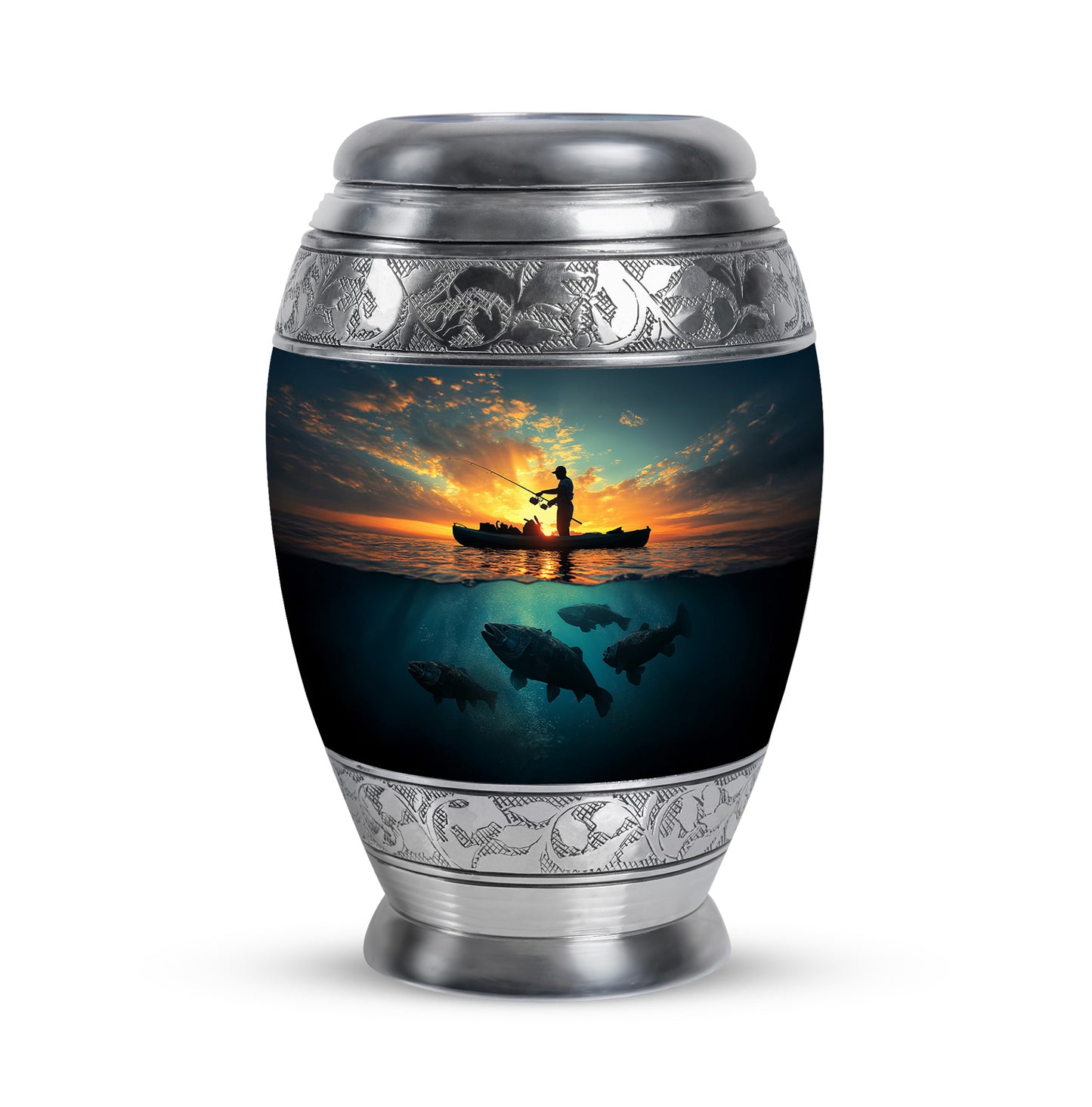 Blue Fishing Commemoration Cremation Urns for Human Ashes - 10-inch, 200 cu in - Yatskia