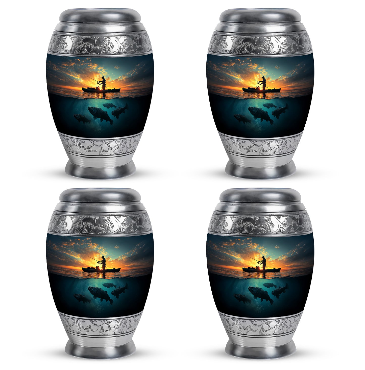 Slate Blue Fishing Cremation Urn urn with complimentary velvet bag - regal fishing design with crown-inspired accents - 10 inch aluminum urn for cremated remains