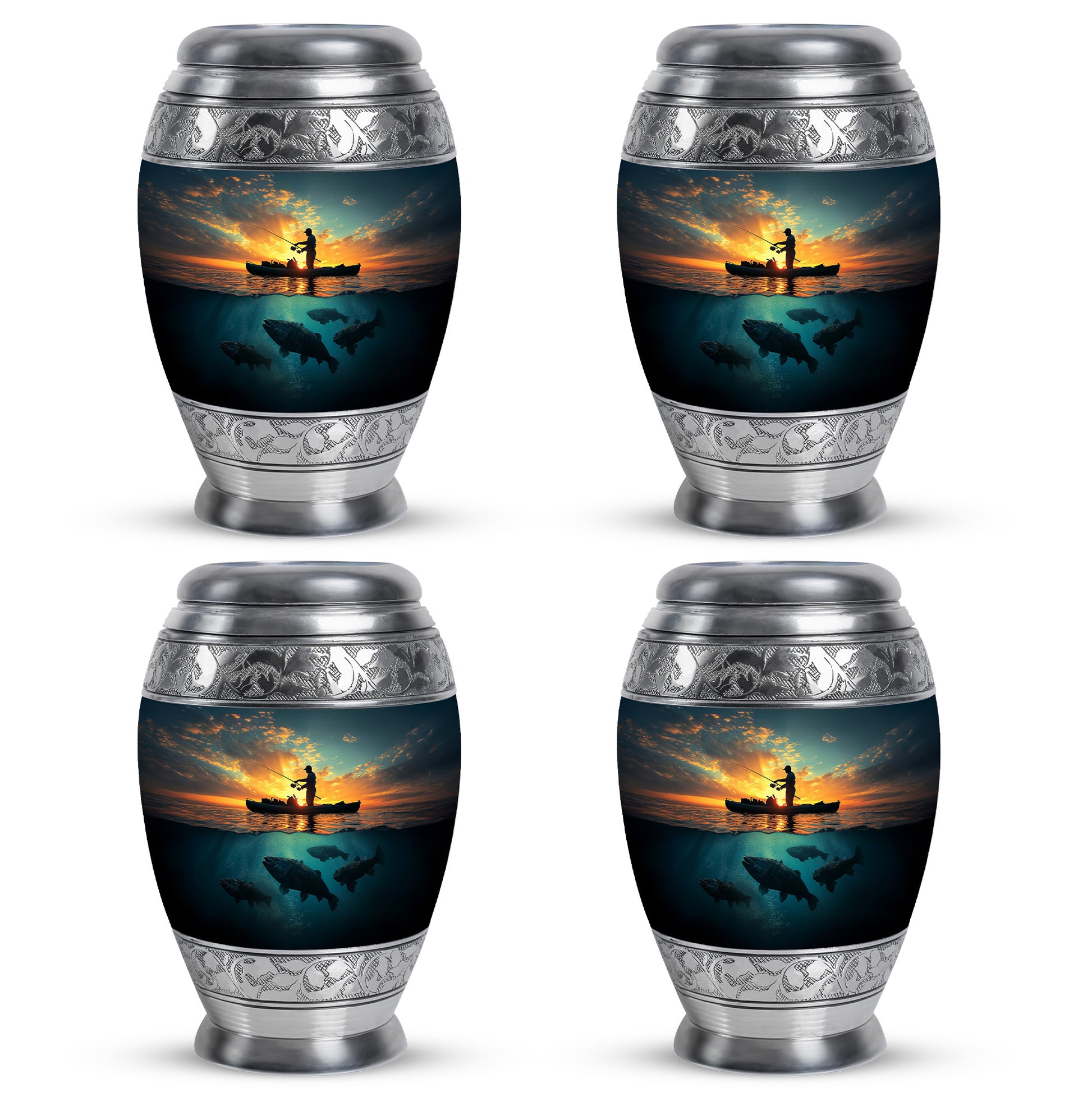 Slate Blue Fishing Cremation Urn urn with complimentary velvet bag - regal fishing design with crown-inspired accents - 10 inch aluminum urn for cremated remains