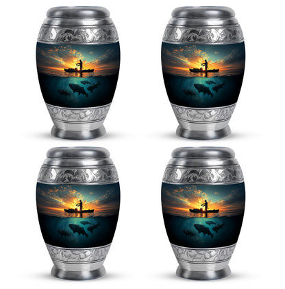 Slate Blue Fishing Cremation Urn urn with complimentary velvet bag - regal fishing design with crown-inspired accents - 10 inch aluminum urn for cremated remains