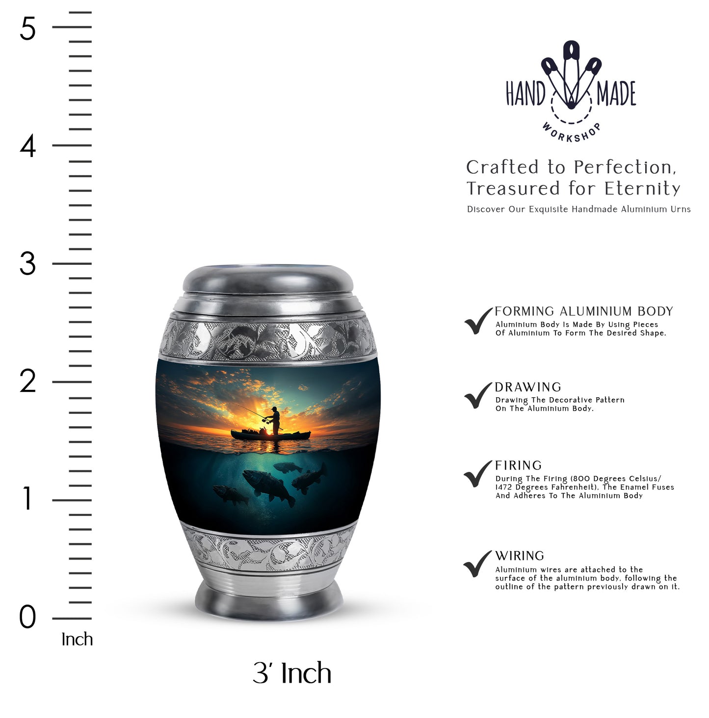Cobalt Blue Fishing Cremation Urn lifestyle display on memorial shelf - majestic fishing pattern with filigree border - mini keepsake memorial for portion of cremation ashes