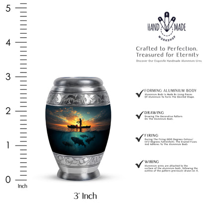 Cobalt Blue Fishing Cremation Urn lifestyle display on memorial shelf - majestic fishing pattern with filigree border - mini keepsake memorial for portion of cremation ashes