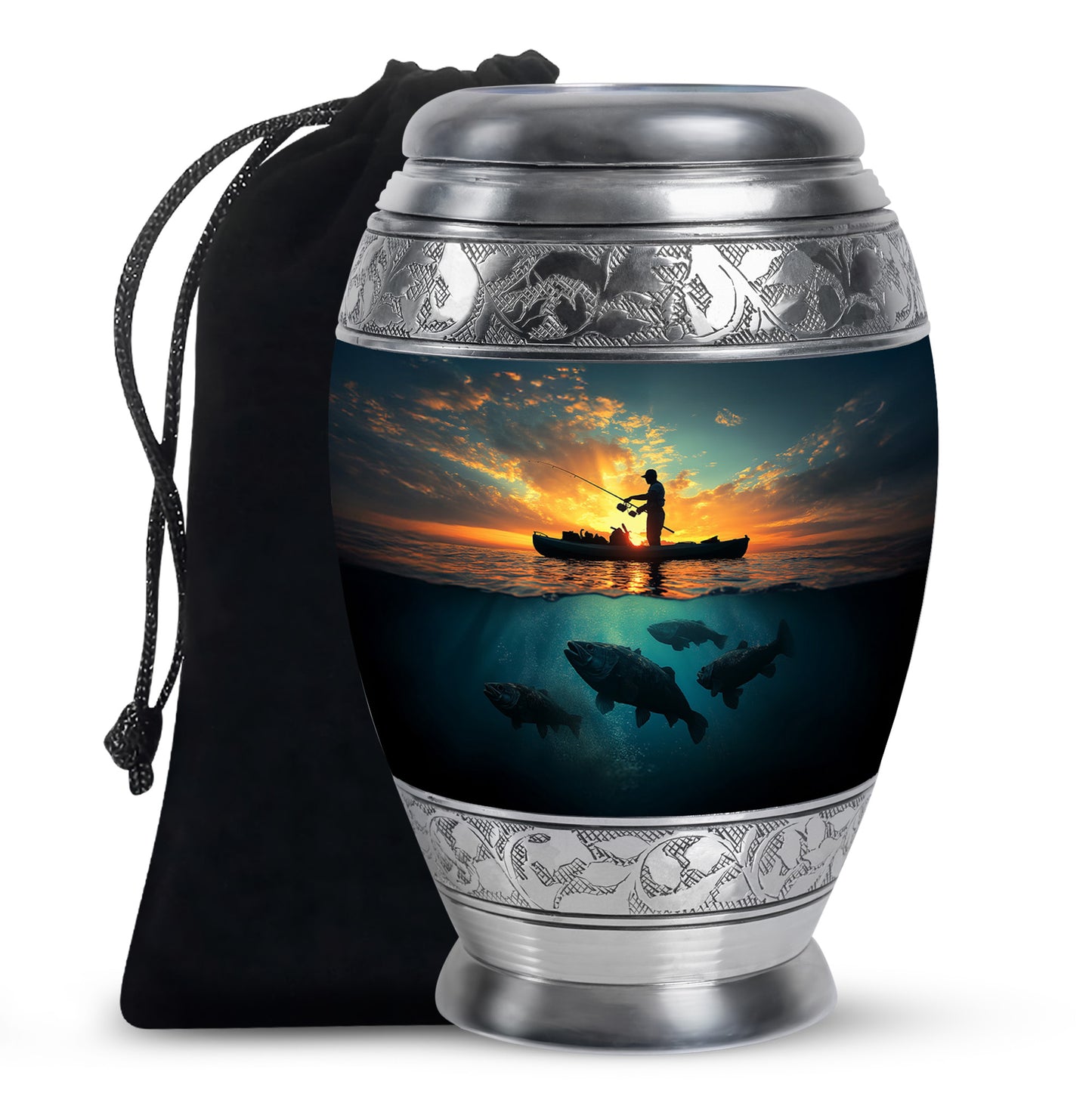 Navy Blue Fishing Cremation Urn back view with polished surface - regal fishing design with crown-inspired accents - full-size 10 inch 200 cubic inch adult cremation urn