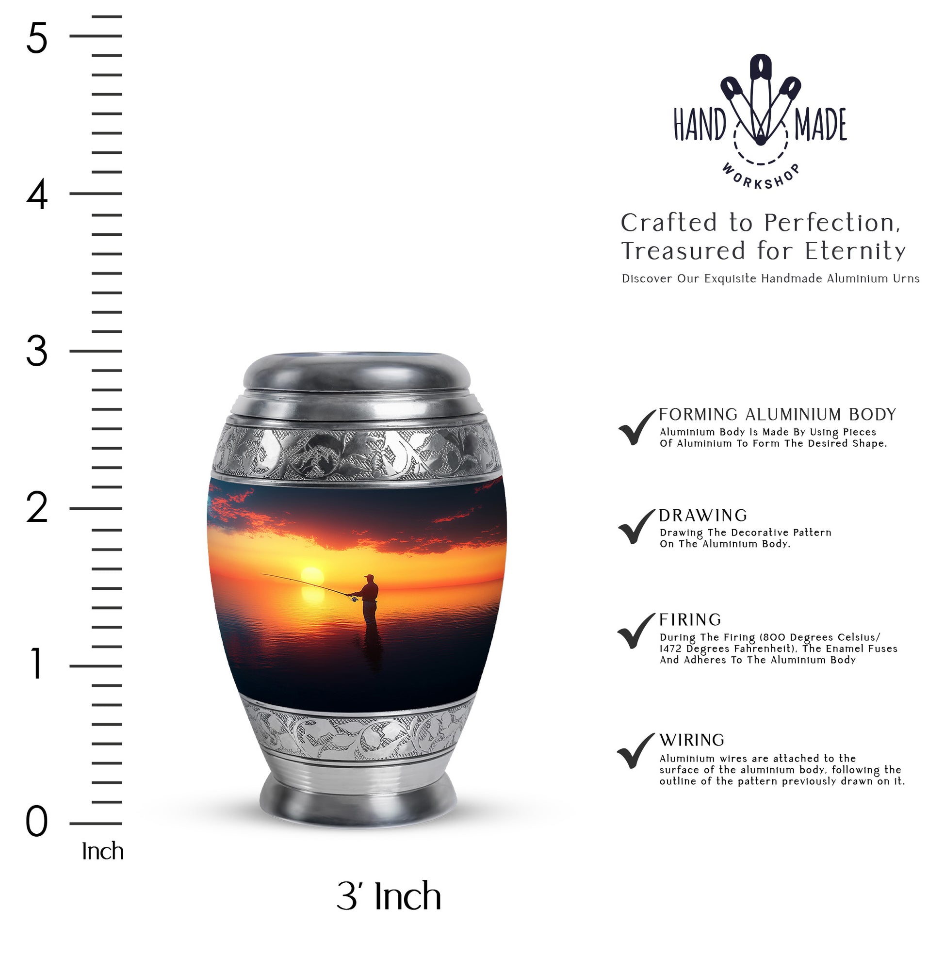 Celestial Blue Fishing Cremation Urn lifestyle display on memorial shelf - regal fishing design with crown-inspired accents - mini keepsake memorial for portion of cremation ashes