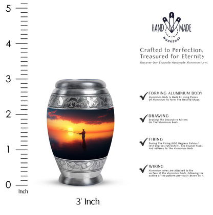 Celestial Blue Fishing Cremation Urn lifestyle display on memorial shelf - regal fishing design with crown-inspired accents - mini keepsake memorial for portion of cremation ashes