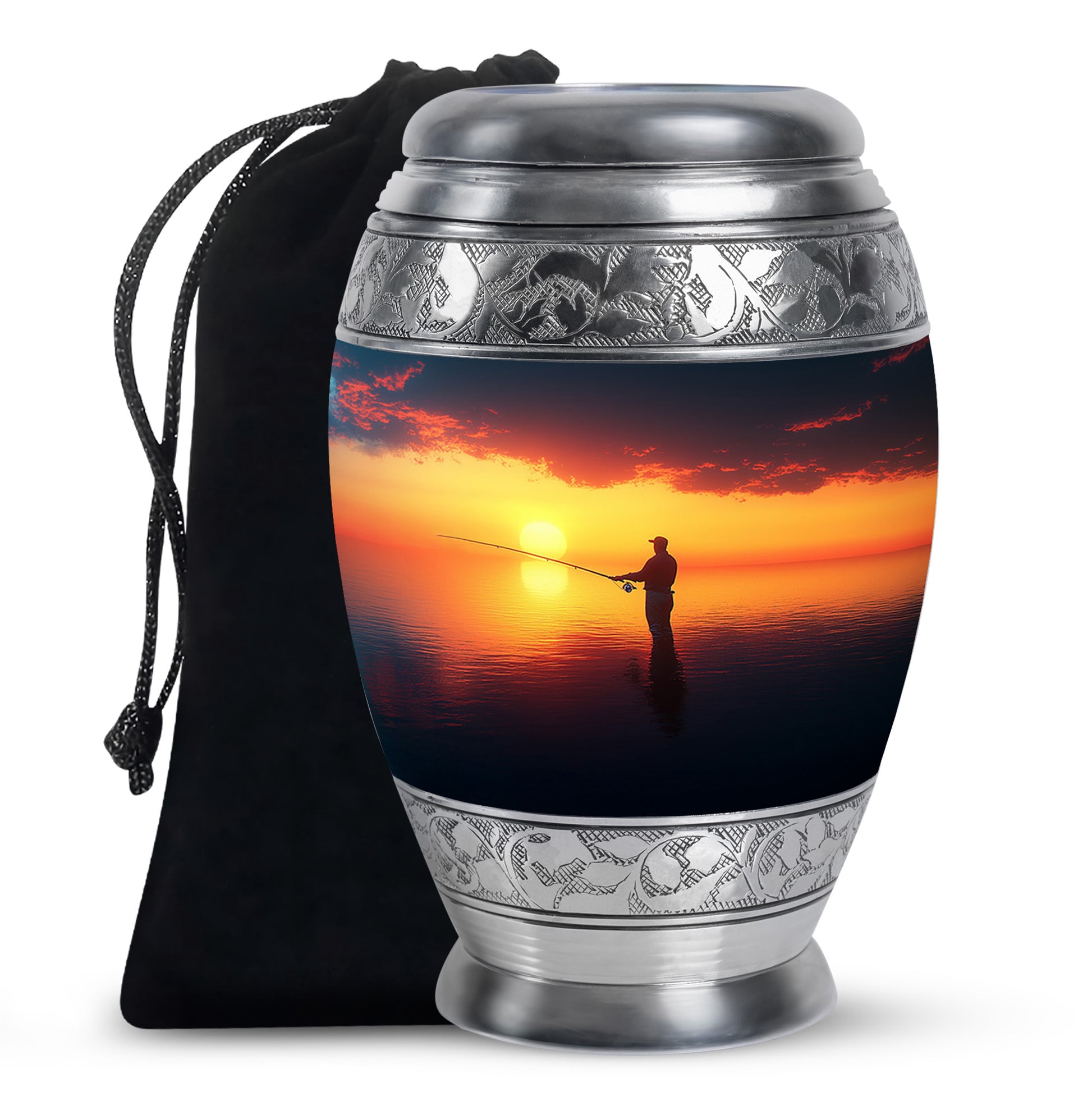 Icy Blue Fishing Cremation Urn back view with polished surface - regal fishing design with crown-inspired accents - full-size 10 inch 200 cubic inch adult cremation urn