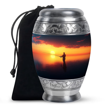 Icy Blue Fishing Cremation Urn back view with polished surface - regal fishing design with crown-inspired accents - full-size 10 inch 200 cubic inch adult cremation urn