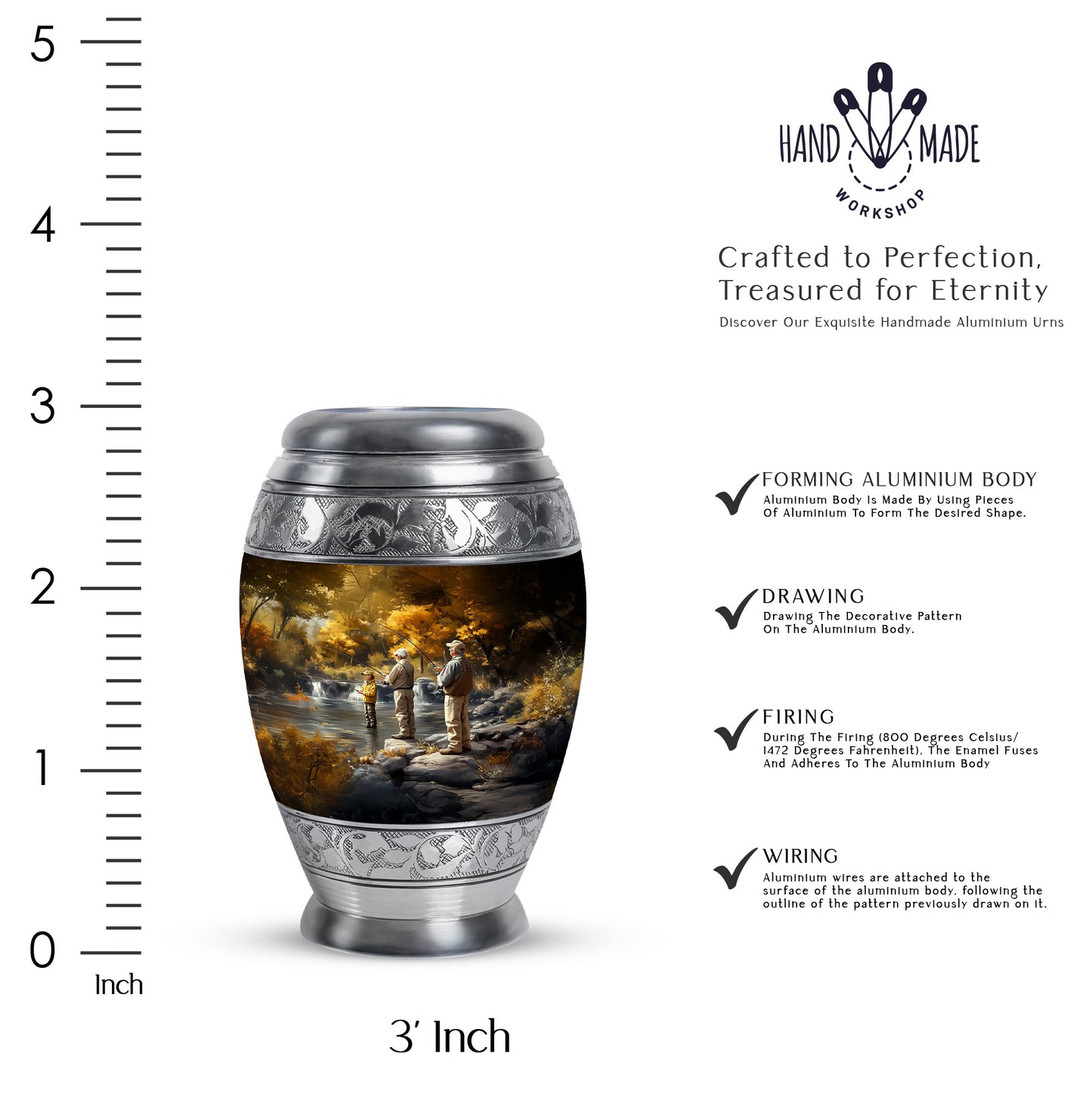 Sunrise Gold Fishing Cremation Urn lifestyle display on memorial shelf - regal fishing design with crown-inspired accents - mini keepsake memorial for portion of cremation ashes