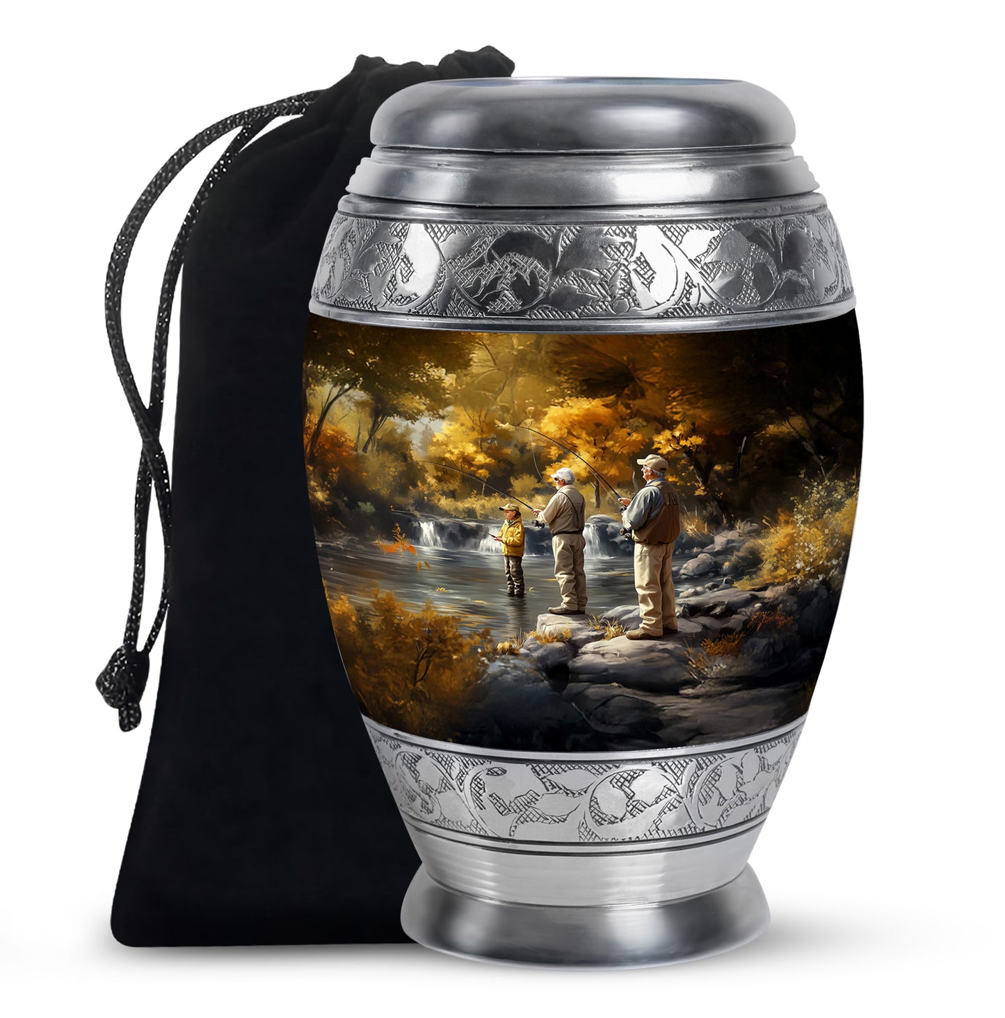 Burnished Gold Fishing Cremation Urn back view with polished surface - majestic fishing pattern with filigree border - full-size 10 inch 200 cubic inch adult cremation urn