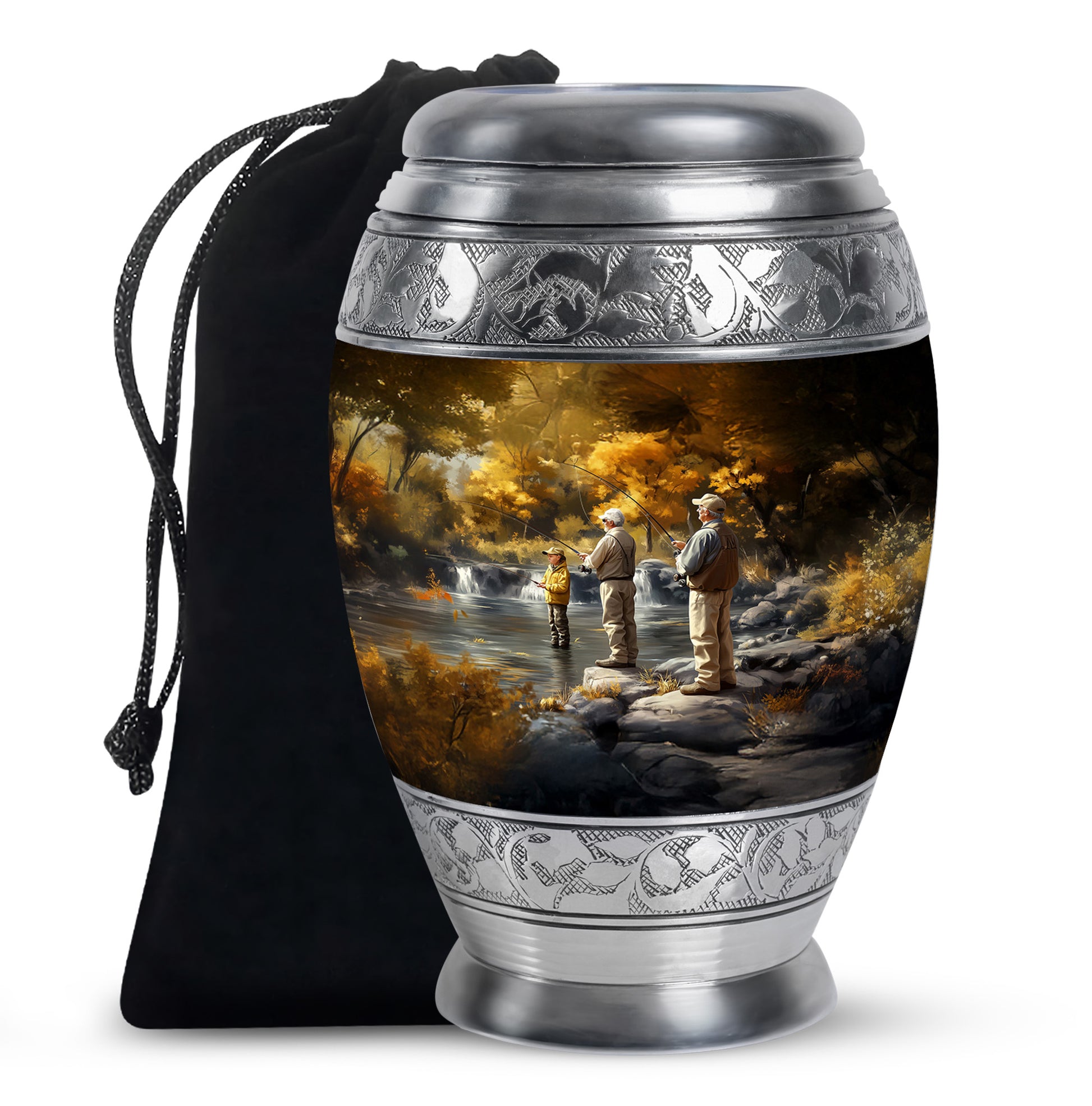 Burnished Gold Fishing Cremation Urn back view with polished surface - majestic fishing pattern with filigree border - full-size 10 inch 200 cubic inch adult cremation urn