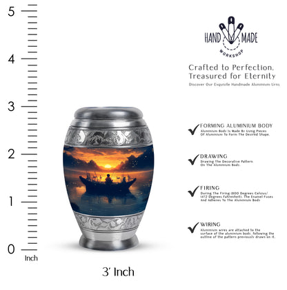 Amber Gold Fishing Cremation Urn lifestyle display on memorial shelf - ornate monarch-style fishing relief on brushed aluminum - mini keepsake memorial for portion of cremation ashes