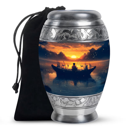 Harvest Gold Fishing Cremation Urn back view with polished surface - royal fishing engraving with decorative scrollwork - full-size 10 inch 200 cubic inch adult cremation urn