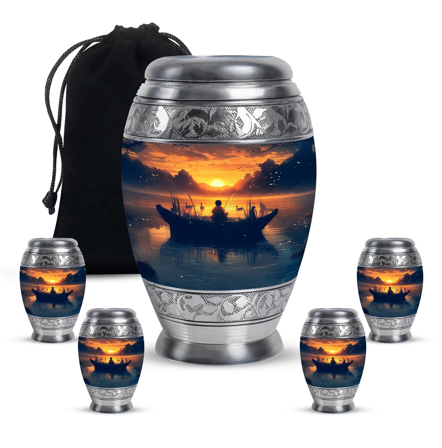 Amber Gold Fishing Cremation Urn detail view - regal fishing design with crown-inspired accents - memorial set with one large and four small urns