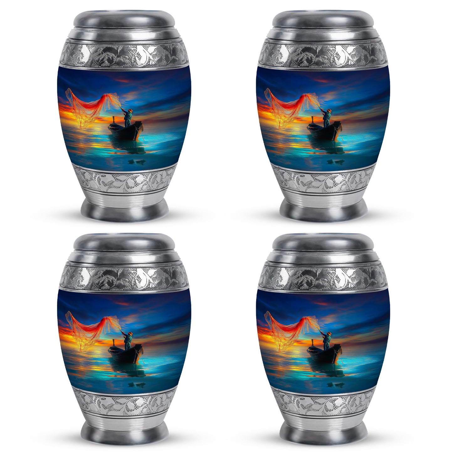 Misty Blue Fishing Cremation Urn urn with complimentary velvet bag - regal fishing design with crown-inspired accents - 10 inch aluminum urn for cremated remains