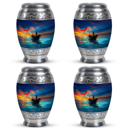 Misty Blue Fishing Cremation Urn urn with complimentary velvet bag - regal fishing design with crown-inspired accents - 10 inch aluminum urn for cremated remains