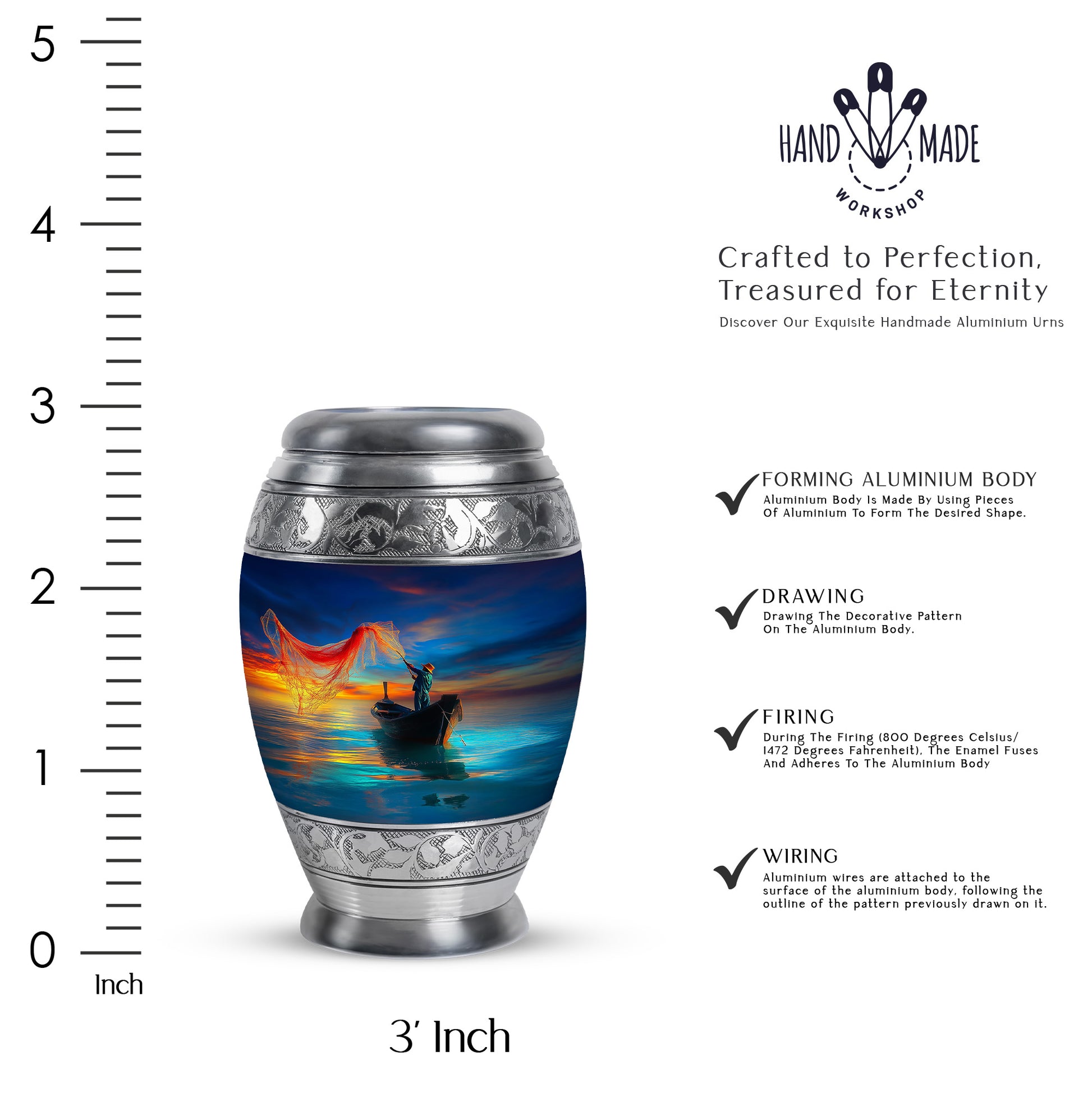 Cornflower Blue Fishing Cremation Urn lifestyle display on memorial shelf - majestic fishing pattern with filigree border - mini keepsake memorial for portion of cremation ashes