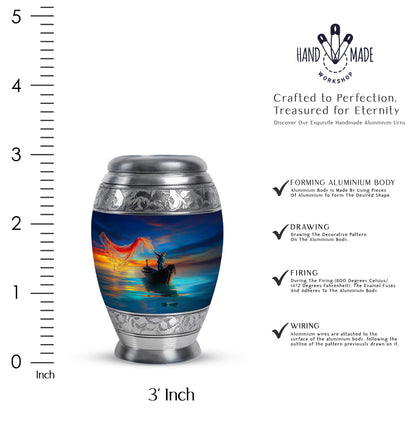 Cornflower Blue Fishing Cremation Urn lifestyle display on memorial shelf - majestic fishing pattern with filigree border - mini keepsake memorial for portion of cremation ashes