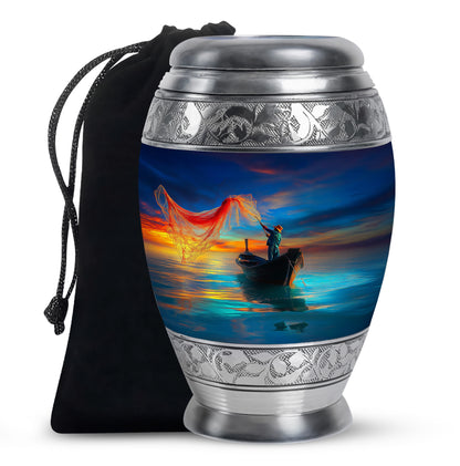 Misty Blue Fishing Cremation Urn back view with polished surface - regal fishing design with crown-inspired accents - full-size 10 inch 200 cubic inch adult cremation urn