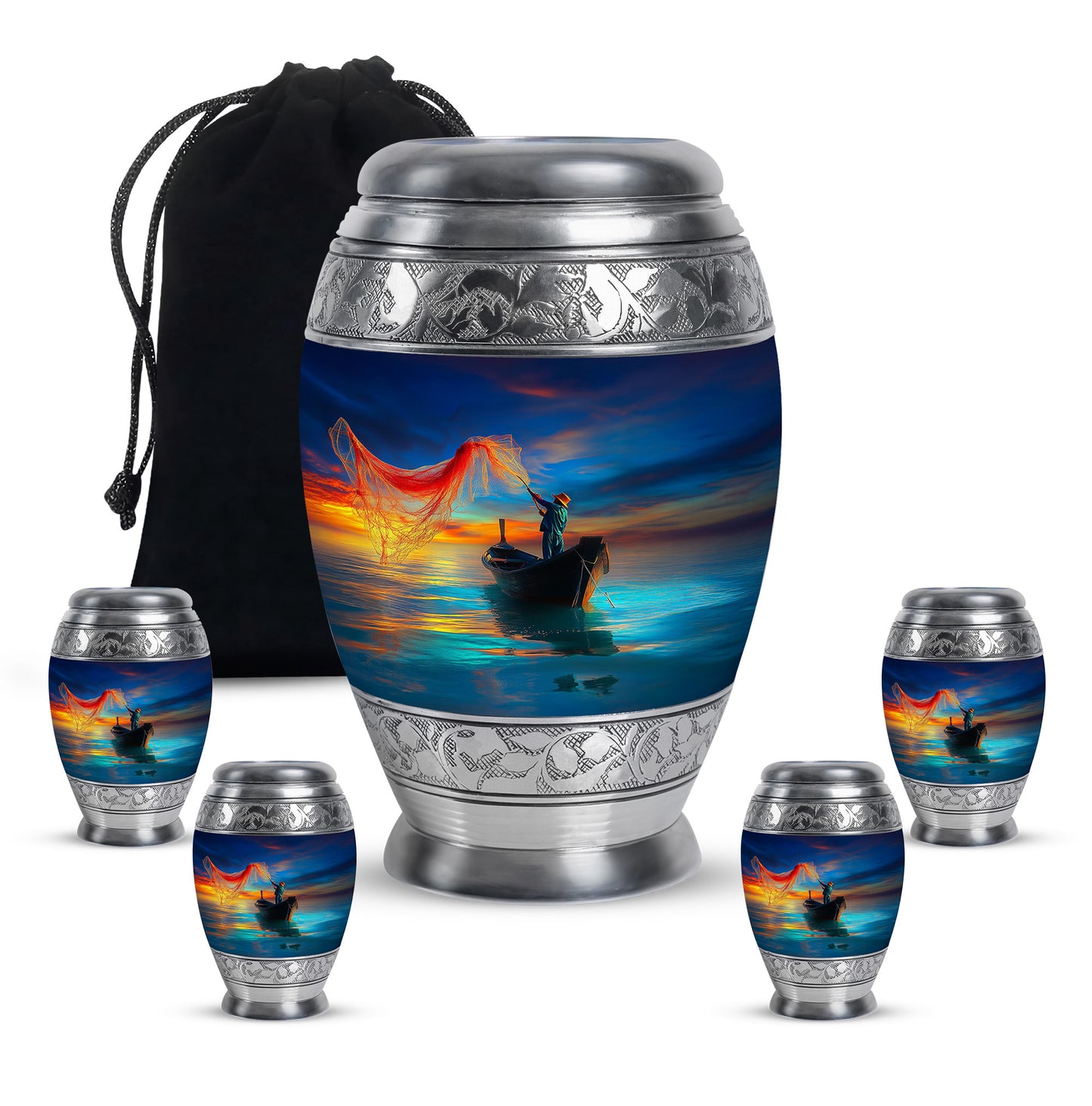 Steel Blue Fishing Cremation Urn detail view - royal fishing engraving with decorative scrollwork - memorial set with one large and four small urns
