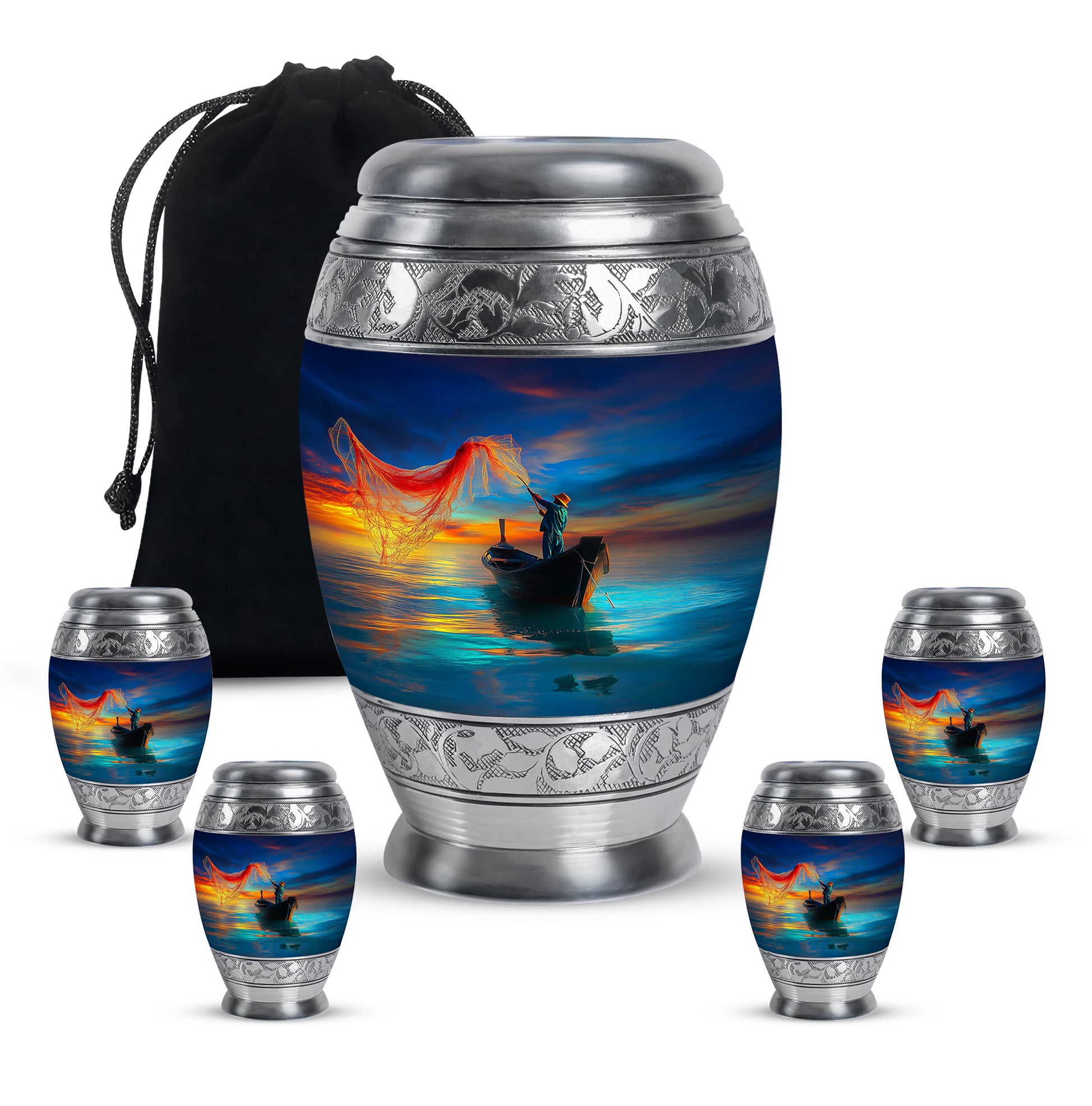 Steel Blue Fishing Cremation Urn detail view - royal fishing engraving with decorative scrollwork - memorial set with one large and four small urns