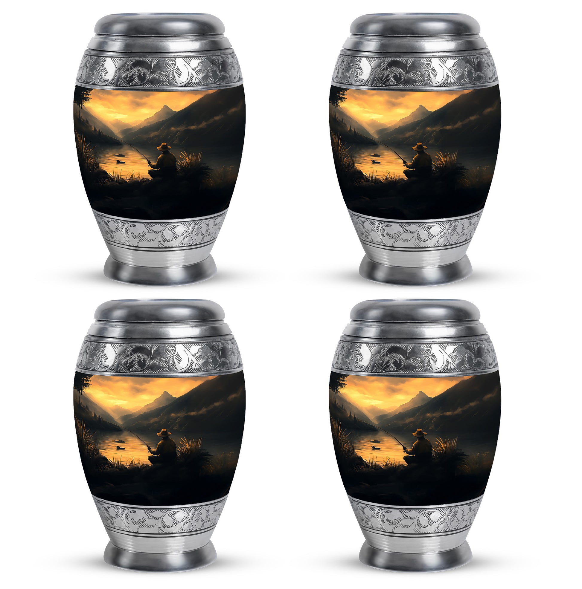 Harvest Gold Fishing Cremation Urn urn with complimentary velvet bag - majestic fishing pattern with filigree border - 10 inch aluminum urn for cremated remains
