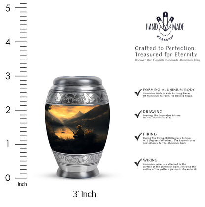 Amber Gold Fishing Cremation Urn lifestyle display on memorial shelf - regal fishing design with crown-inspired accents - mini keepsake memorial for portion of cremation ashes