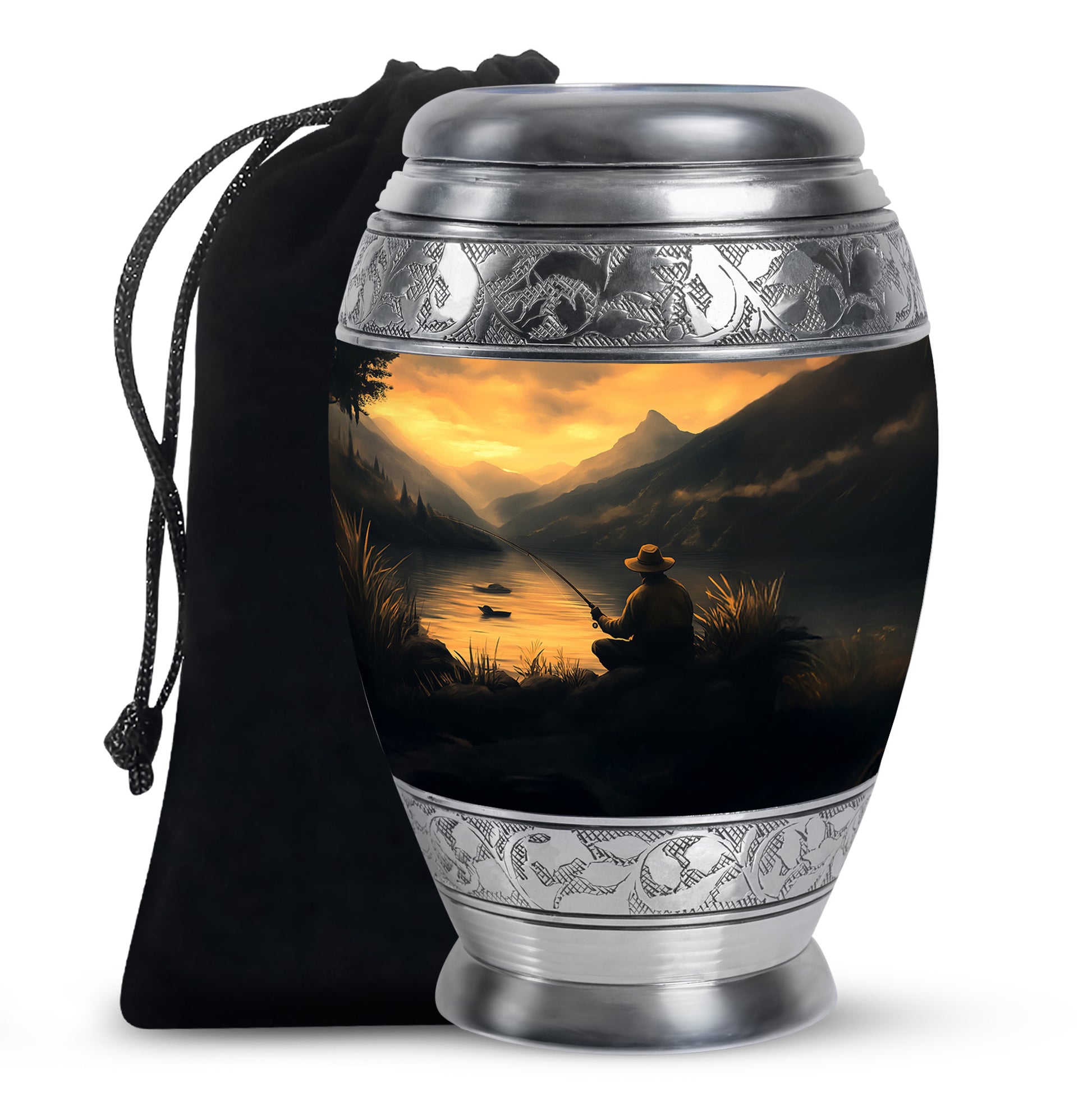 Amber Gold Fishing Cremation Urn back view with polished surface - ornate monarch-style fishing relief on brushed aluminum - full-size 10 inch 200 cubic inch adult cremation urn
