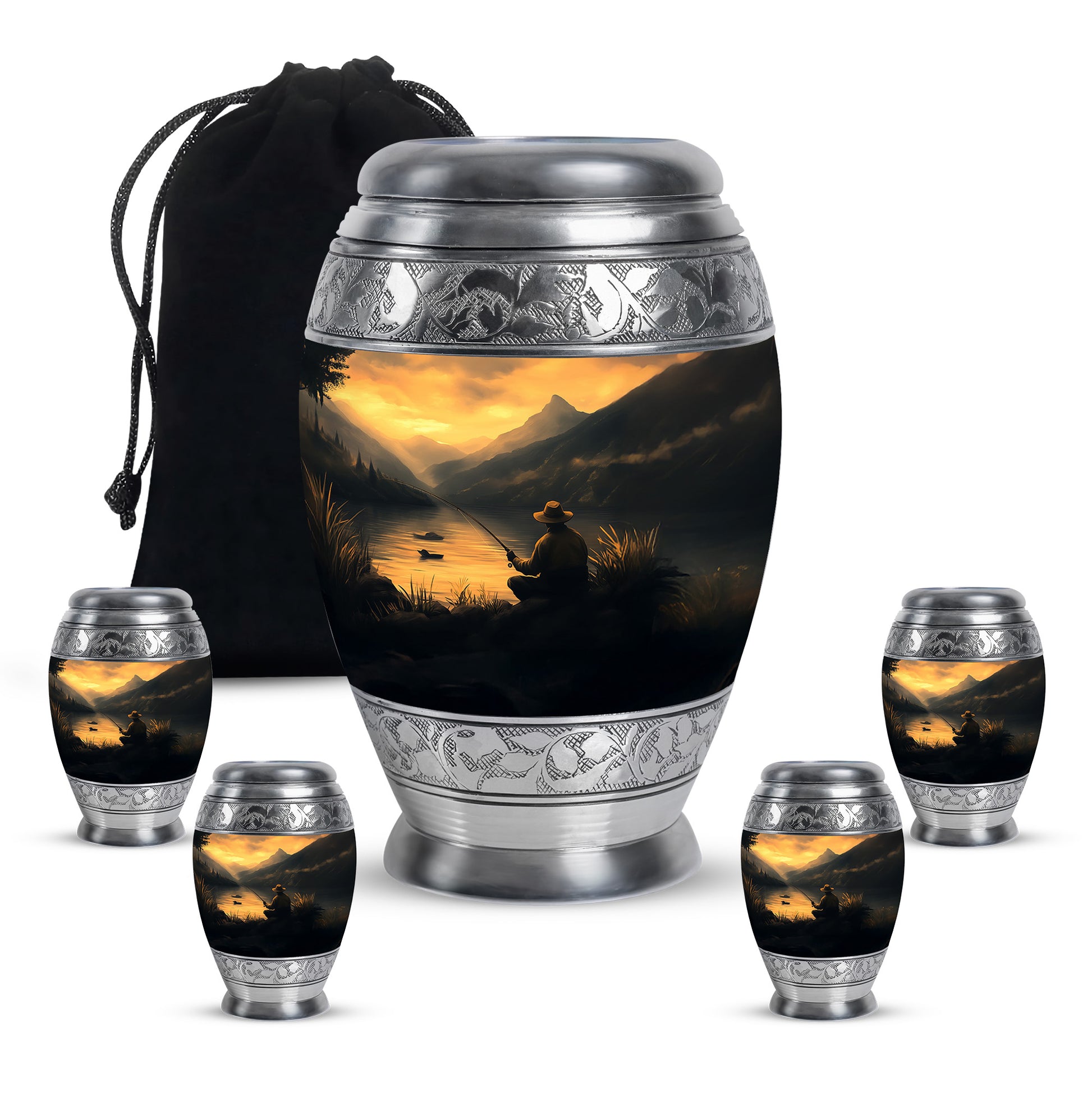 Amber Gold Fishing Cremation Urn detail view - regal fishing design with crown-inspired accents - memorial set with one large and four small urns