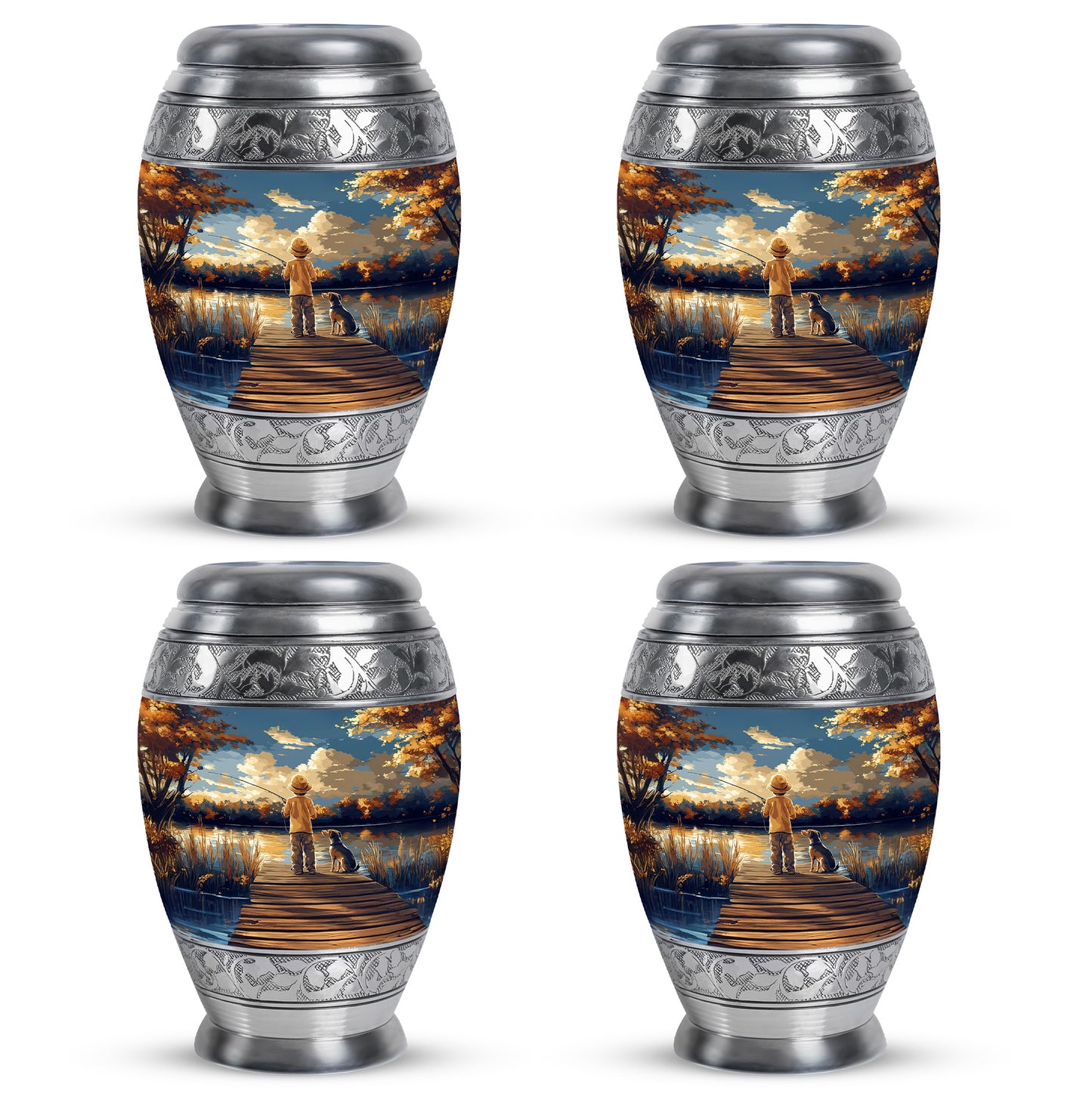 Bright Blue Fishing Cremation Urn urn with complimentary velvet bag - royal fishing engraving with decorative scrollwork - 10 inch aluminum urn for cremated remains